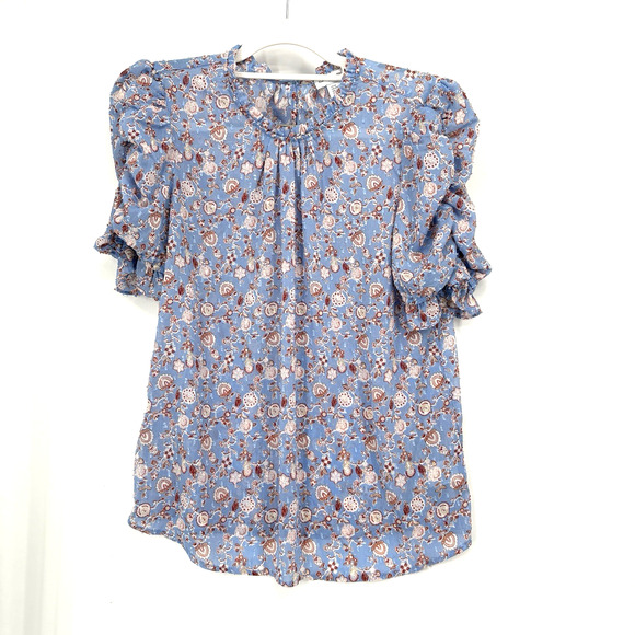 Carolina Belle Blouse Medium Blue Short Ruched Sleeve Dotted Swiss Ruffle Neck - Picture 1 of 7